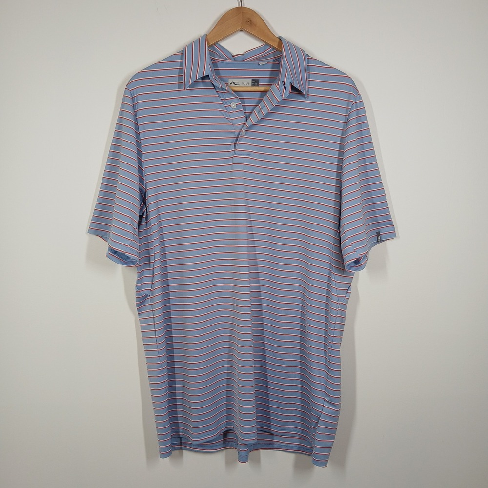 KJUS Polo Shirt Mens Extra Large Blue Orange Striped Sporty Golf Performance